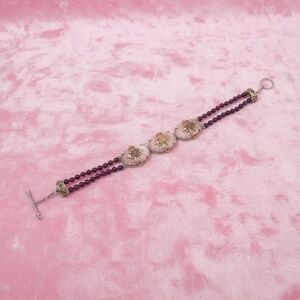 Vintage STS 925 Beaded Bracelet, Pink Cabochons, Double Strand Burgundy Beads
